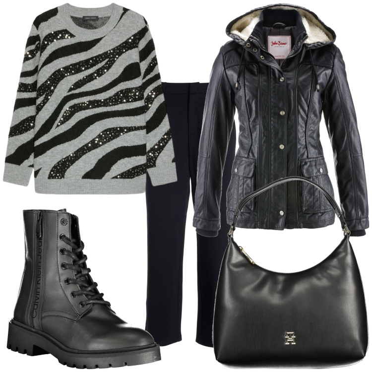 Outfit donna - In giro per la città. Stile Basic per Tutti i giorni. Abbinamento con blazer, pantaloni, stivali, maglieria, borse a spalla.