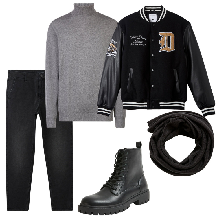Outfit uomo - Total look #2026687. Stile Casual per Tutti i giorni. Abbinamento con jeans, bomber, anfibi, sciarpe, maglieria.