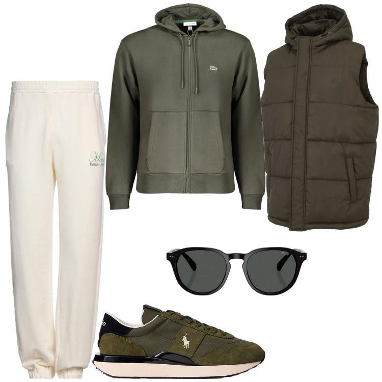Outfit uomo - Total look #2026689. Stile Casual per Sport. Abbinamento con pantaloni, gilet, sneakers, occhiali da sole, felpe con cappuccio.