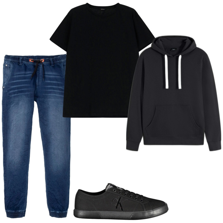 Outfit uomo - Total look #2026691. Stile Casual per Tutti i giorni. Abbinamento con felpe con cappuccio, jeans dritti, t-shirt, sneakers.