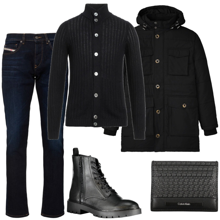 Outfit uomo - Macho. Stile Trendy per Serata speciale. Abbinamento con parka, cardigans, stivali, jeans slim fit, portafogli.