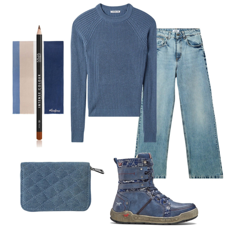 Outfit donna - Total look #2026697. Stile Urban per Tutti i giorni. Abbinamento con stivaletti, eyeliner, portafogli, jeans, maglieria, sciarpe.