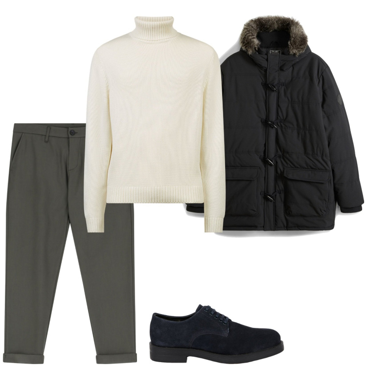 Outfit uomo - Total look #2026698. Stile Trendy per Serata speciale. Abbinamento con piumini, pantaloni, scarpe stringate, maglieria.