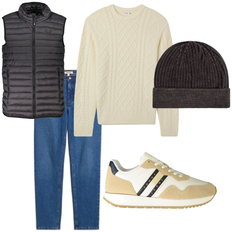 Outfit uomo - Total look #2026699. Stile Casual per Tutti i giorni. Abbinamento con jeans dritti, berretti, maglieria, giacche, sneakers.