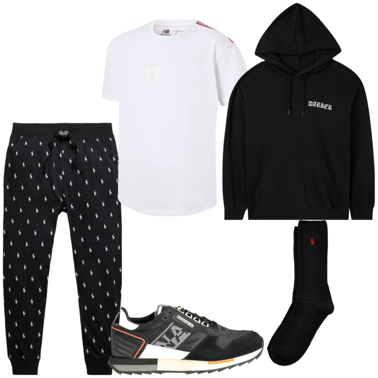 Outfit uomo - Total look #2026710. Stile Casual per Tutti i giorni. Abbinamento con felpe con cappuccio, t-shirt, calzini, pantaloni, sneakers.