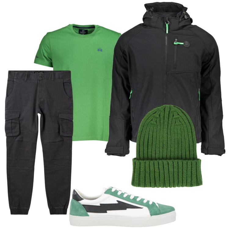 Outfit uomo - Total look #2026714. Stile Urban per Tutti i giorni. Abbinamento con sneakers, pantaloni cargo, berretti, giacche sportive, t-shirt.