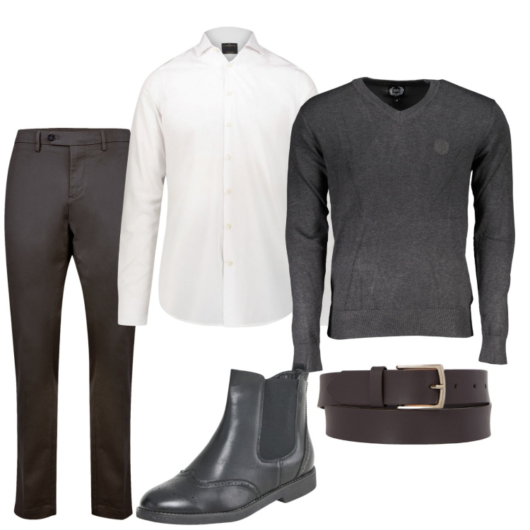 Outfit uomo - Ultimi giorni in ufficio. Stile Business/Elegante per Ufficio. Abbinamento con stivali e stivaletti, camicie, cinture, maglieria, pantaloni chino.
