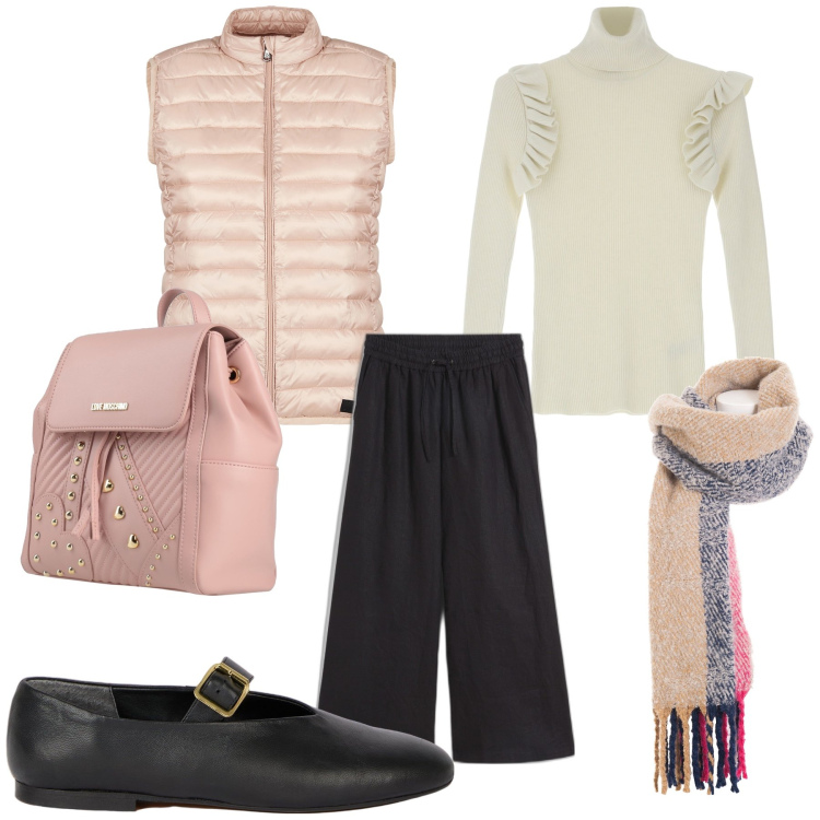 Outfit donna - Total look. Stile Trendy per Tutti i giorni. Abbinamento con pantaloni a palazzo, zaini, sciarpe, maglieria, piumini, ballerine.