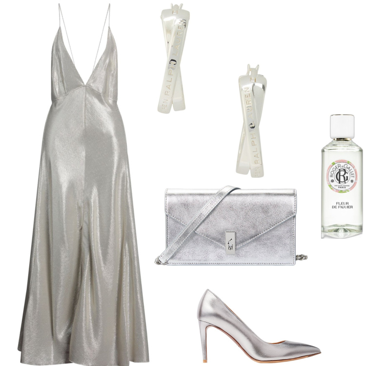Outfit donna - Silver night. Stile Chic per Serata fuori. Abbinamento con vestiti lunghi, profumi, décolleté, clutch, orecchini.