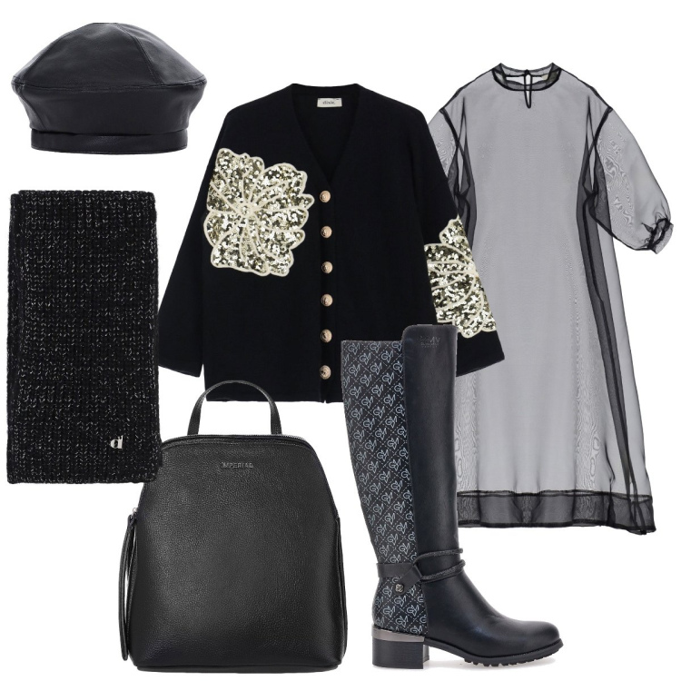 Outfit donna - Layering chic. Stile Chic per Tutti i giorni. Abbinamento con zaini, vestiti midi/longuette, cardigans, sciarpe, cappelli e berretti, stivali.