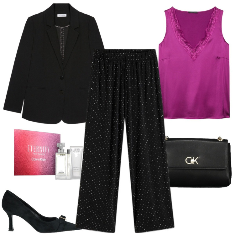 Outfit donna - I pantaloni di strass. Stile Glamour per Serata fuori. Abbinamento con pantaloni, décolleté, profumi, borse a spalla, top, blazer.