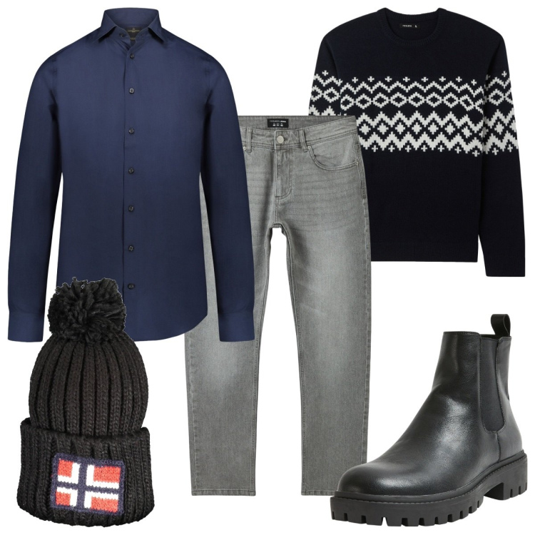 Outfit uomo - Total look #2026736. Stile Casual per Tutti i giorni. Abbinamento con stivali e stivaletti, jeans, maglieria, camicie, berretti.