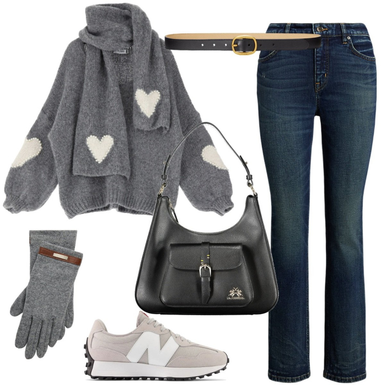 Outfit donna - Jeans e maglione sopra la 50. Stile Urban per Tutti i giorni. Abbinamento con maglieria, sneakers, cinture, jeans dritti, guanti, borse a spalla.