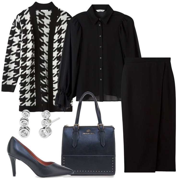 Outfit donna - Sovrapposizione. Stile Casual chic per Serata fuori. Abbinamento con cardigans, gonne longuette, camicie, orecchini, borse a mano, décolleté.