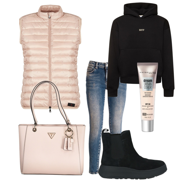 Outfit donna - Total look #2026741. Stile Urban per Tutti i giorni. Abbinamento con stivaletti chelsea, fondotinta, jeans skinny, piumini, borse a spalla, felpe con cappuccio.