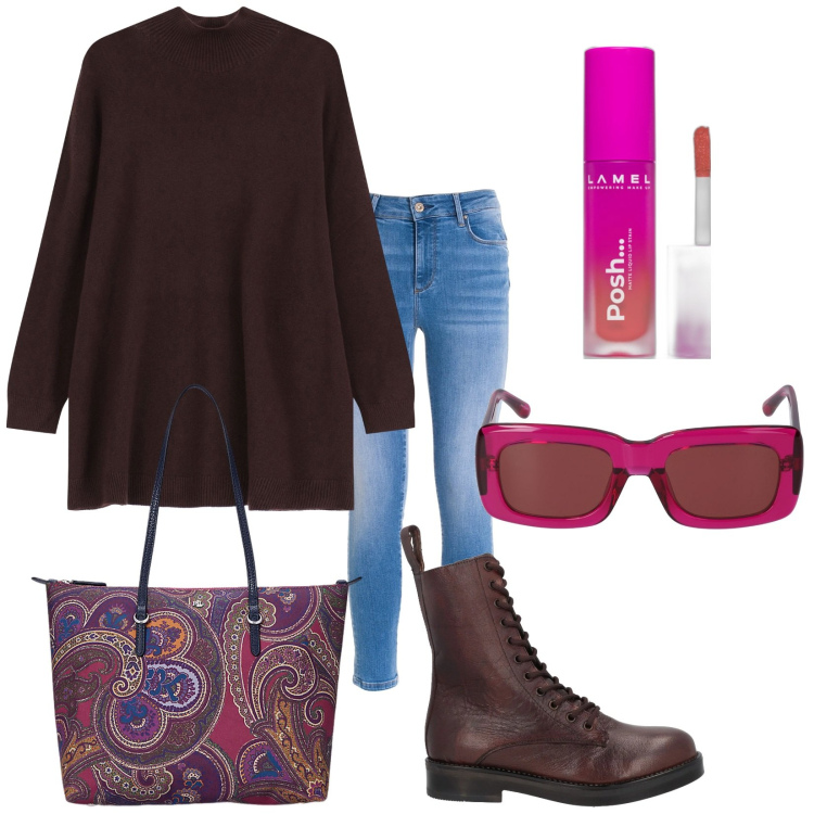 Outfit donna - Total look #2026745. Stile Trendy per Tutti i giorni. Abbinamento con stivaletti, rossetti, jeans skinny, maglieria, borse tote, occhiali da sole.