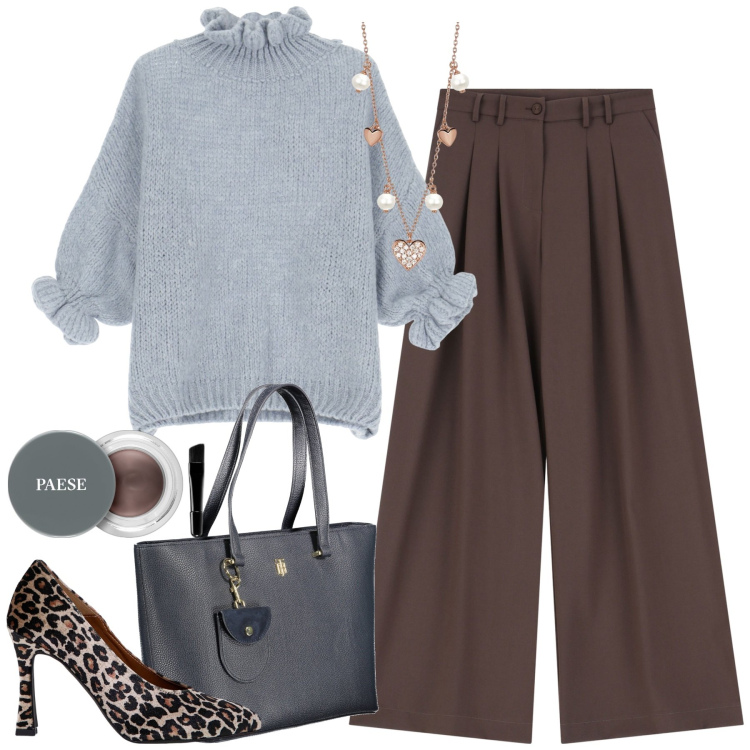Outfit donna - In centro. Stile Trendy per Tutti i giorni. Abbinamento con mascara, collane, maglieria, pantaloni, décolleté, borse a spalla.