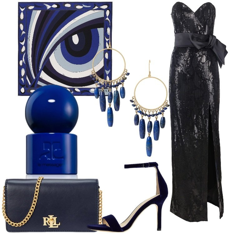 Outfit donna - Brilla in nero e blu. Stile Glamour per Serata fuori. Abbinamento con profumi, vestiti lunghi, orecchini, borse a mano, sandali col tacco, foulard.