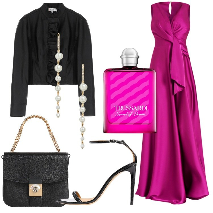 Outfit donna - Regina. Stile Glamour per Serata fuori. Abbinamento con borse a mano, profumi, giacche, vestiti lunghi, sandali in pelle, orecchini.