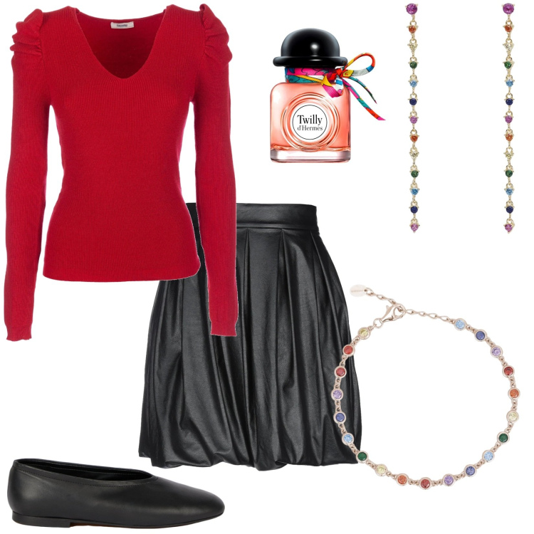 Outfit donna - Fine anno in casa. Stile Casual chic per Serata fuori. Abbinamento con minigonne, profumi, orecchini, braccialetti, maglieria, ballerine.