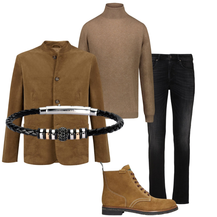 Outfit uomo - In città. Stile Urban per Ufficio. Abbinamento con braccialetti, stivali, maglieria, jeans skinny, giacche.