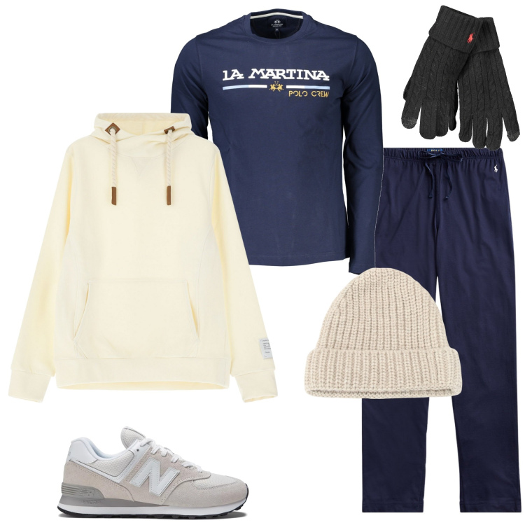 Outfit uomo - Corsa dopo le abbuffate. Stile Casual per Sport. Abbinamento con sneakers, berretti, felpe con cappuccio, pantaloni, t-shirt, guanti.