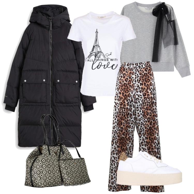 Outfit donna - Città sei mia. Stile Urban per Tutti i giorni. Abbinamento con piumini, felpe, t-shirt, pantaloni a palazzo, sneakers, borse a spalla.