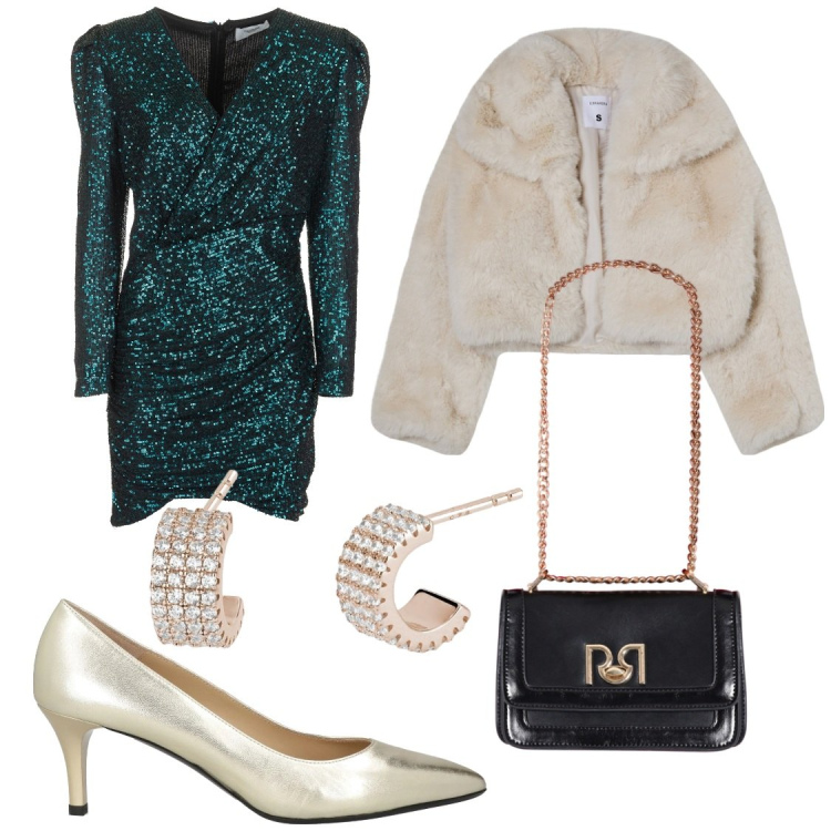 Outfit donna - Pailettes a capodanno. Stile Chic per Serata fuori. Abbinamento con décolleté, blazer, orecchini, borse a tracolla, vestiti corti.