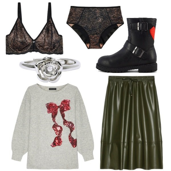 Outfit donna - Natale a casa di parenti. Stile Casual chic per Serata fuori. Abbinamento con anelli, reggiseni, culotte, stivaletti, gonne longuette, maglieria.