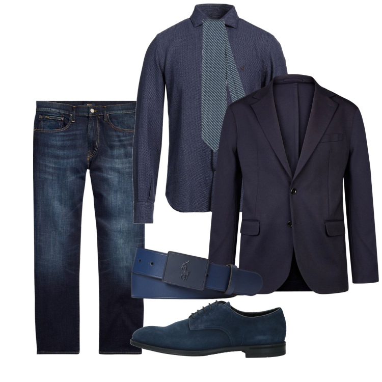 Outfit uomo - Buon Anno in blu. Stile Trendy per Tutti i giorni. Abbinamento con scarpe stringate, cravatte, camicie, jeans dritti, cinture, giacche.