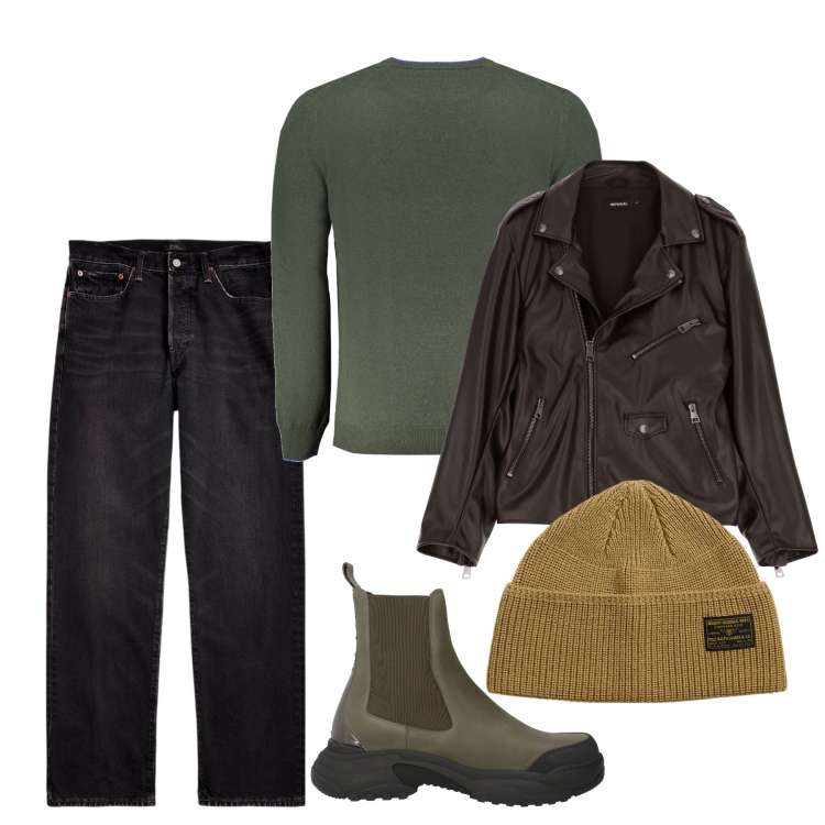 Outfit uomo - Oliva sui jeans. Stile Casual per Tutti i giorni. Abbinamento con stivali e stivaletti, giacche, jeans dritti, berretti, pullovers.