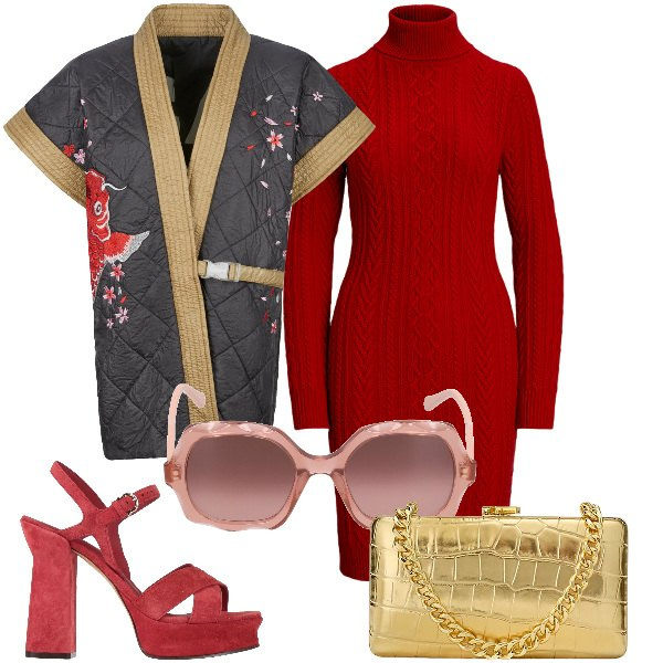 Outfit donna - Sandali e collant 200 den.. Stile Trendy per Serata fuori. Abbinamento con sandali in pelle, kimono, clutch, vestiti, occhiali da sole.