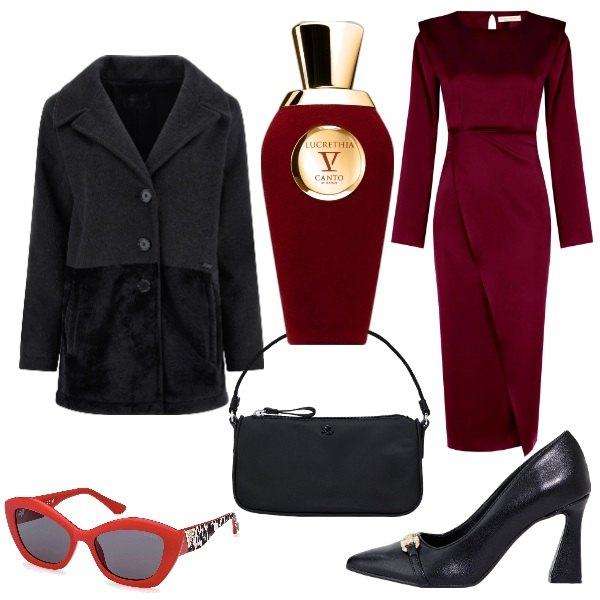 Outfit donna - Total look #2026799. Stile Chic per Serata fuori. Abbinamento con profumi, vestiti midi/longuette, stivaletti, cappotti, pochette, occhiali da sole.