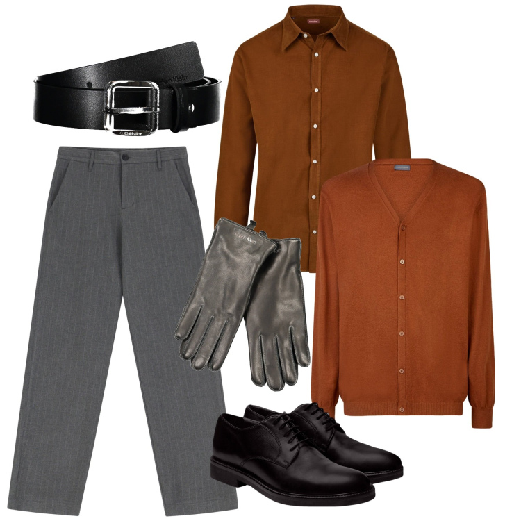 Outfit uomo - Dettagli in pelle. Stile Casual per Serata speciale. Abbinamento con pantaloni, scarpe stringate, camicie, cinture, guanti, cardigans.