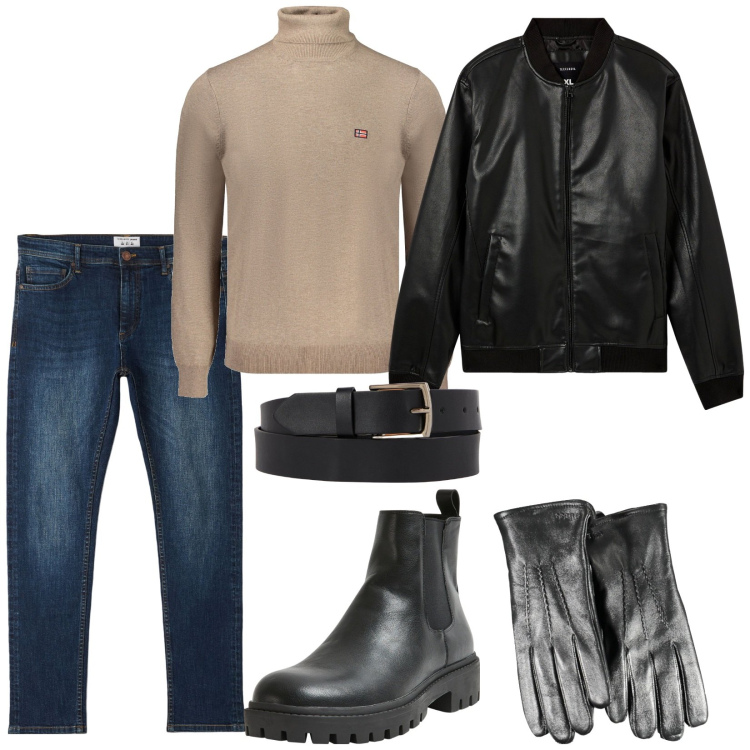 Outfit uomo - Serata in città. Stile Trendy per Serata speciale. Abbinamento con stivali e stivaletti, bomber, jeans skinny, maglieria, guanti, cinture.