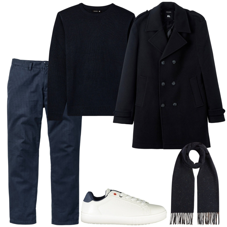 Outfit uomo - Oggi minimal. Stile Casual per Tutti i giorni. Abbinamento con pantaloni chino, cappotti, maglieria, sneakers, sciarpe.