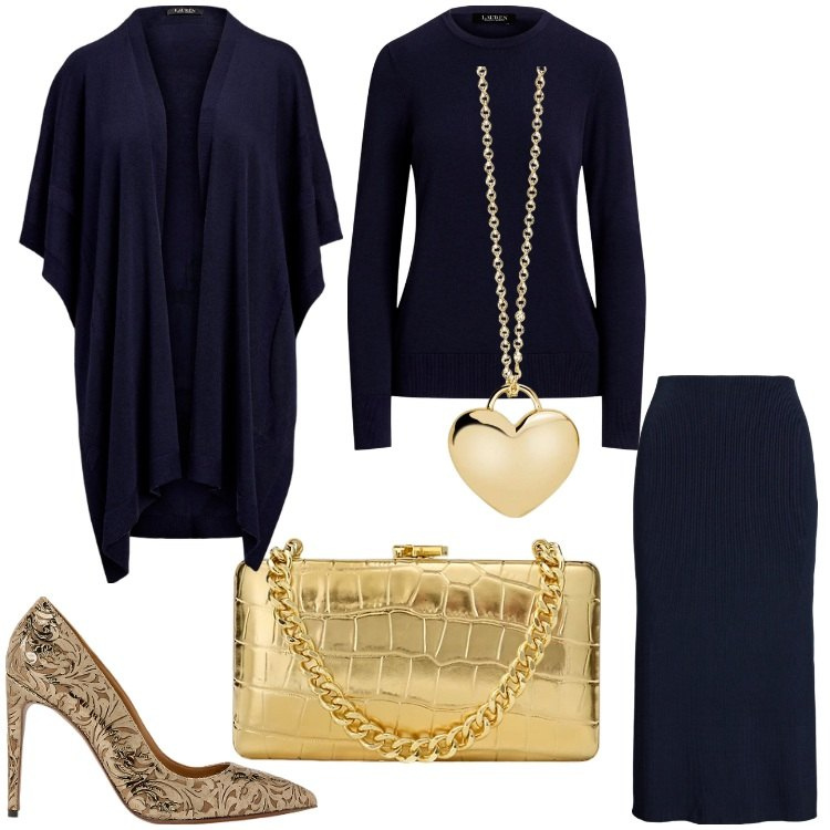 Outfit donna - Dicembre dorato. Stile Chic per Serata fuori. Abbinamento con collane, maglieria, clutch, cappe, décolleté, gonne.