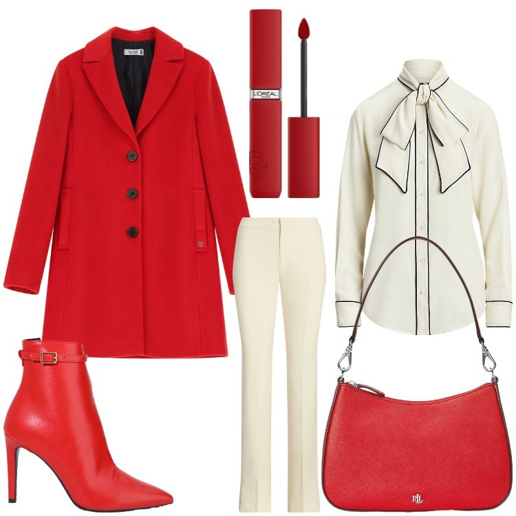 Outfit donna - Rosso a dicembre. Stile Chic per Serata fuori. Abbinamento con rossetti, cappotti, stivaletti, pantaloni, camicie, borse a spalla.