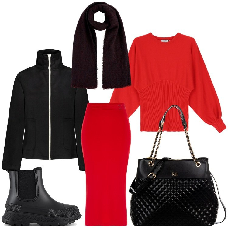 Outfit donna - Signora in rosso. Stile Casual chic per Serata fuori. Abbinamento con shopping bag, gonne longuette, maglieria, blazer, stivali, sciarpe.