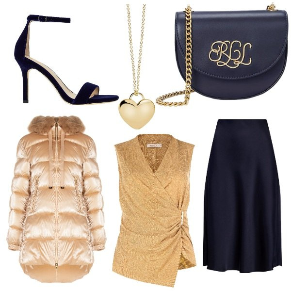 Outfit donna - Total look #2026821. Stile Chic per Serata fuori. Abbinamento con collane, top, piumini, borse a tracolla, gonne, sandali col tacco.