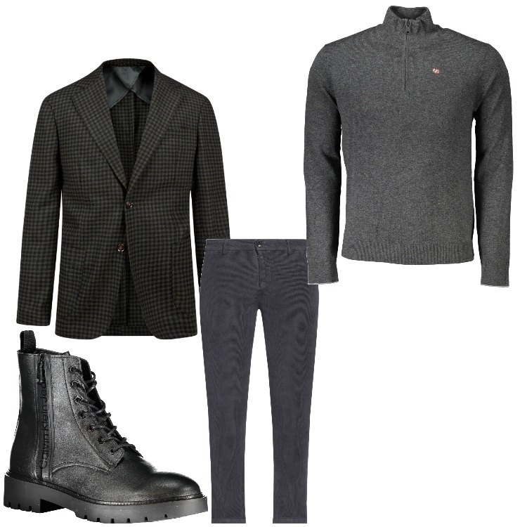 Outfit uomo - Quadretti e anfibi. Stile Biker Rock per Tutti i giorni. Abbinamento con pantaloni, giacche, stivali, maglieria.