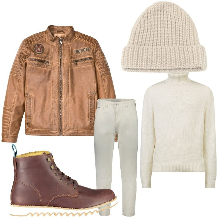 Outfit uomo - Bianco e pelle. Stile Casual per Tutti i giorni. Abbinamento con giacche, berretti, maglieria, jeans, stivali.
