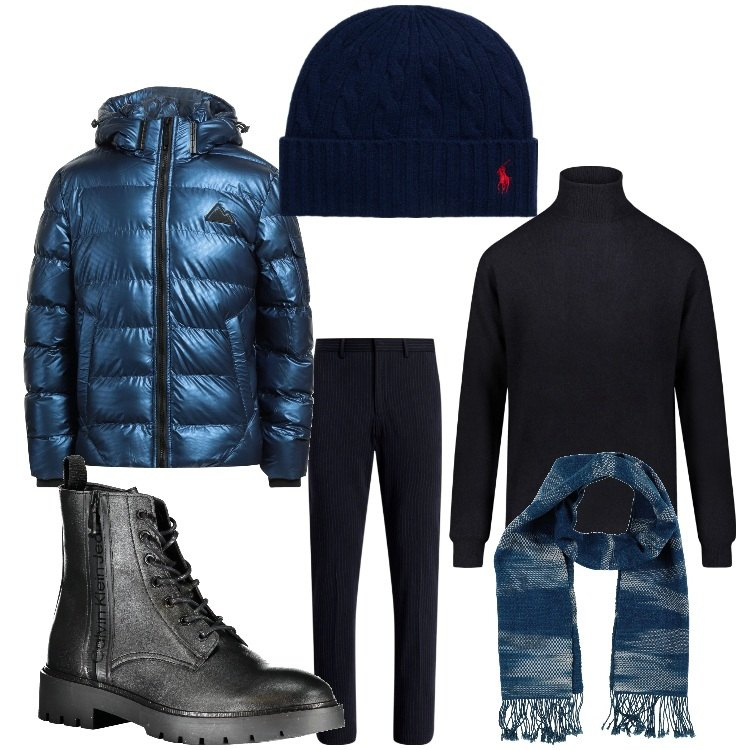 Outfit uomo - Blu inverno. Stile Casual per Tutti i giorni. Abbinamento con sciarpe, piumini, berretti, pantaloni, maglieria, stivali.