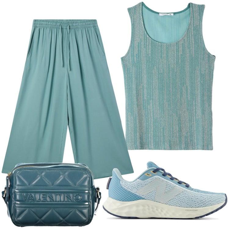 Outfit donna - Azul. Stile Casual per Tutti i giorni. Abbinamento con pantaloni a palazzo, canottiere, sneakers, borse a tracolla.