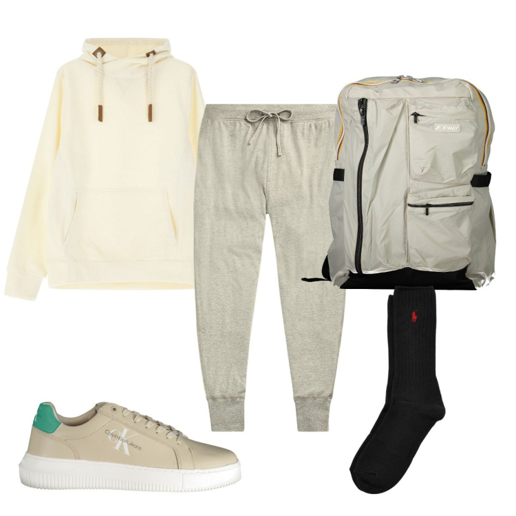 Outfit uomo - Total look #2026834. Stile Trendy per Sport. Abbinamento con felpe con cappuccio, pantaloni, calzini, sneakers, borse sportive.