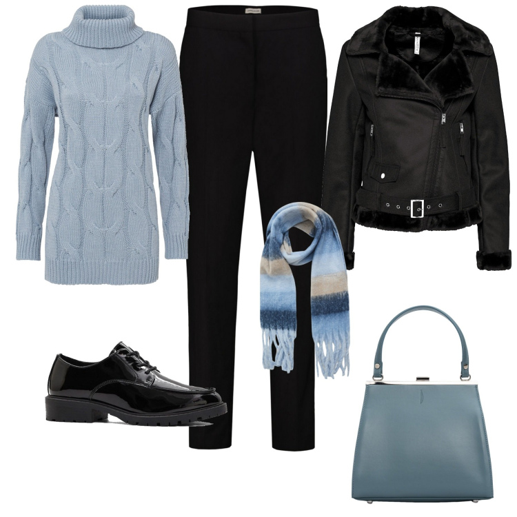 Outfit donna - Dicembre. Stile Casual chic per Tutti i giorni. Abbinamento con maglieria, blazer, scarpe stringate, sciarpe, pantaloni, clutch.