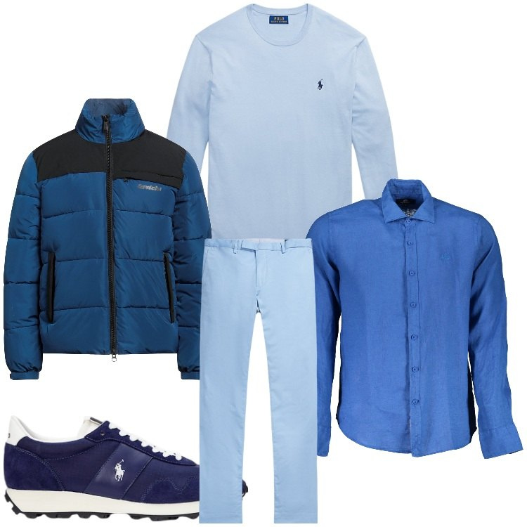 Outfit uomo - Gradazioni in blu. Stile Casual per Tutti i giorni. Abbinamento con piumini, pantaloni chino, maglieria, sneakers, camicie.