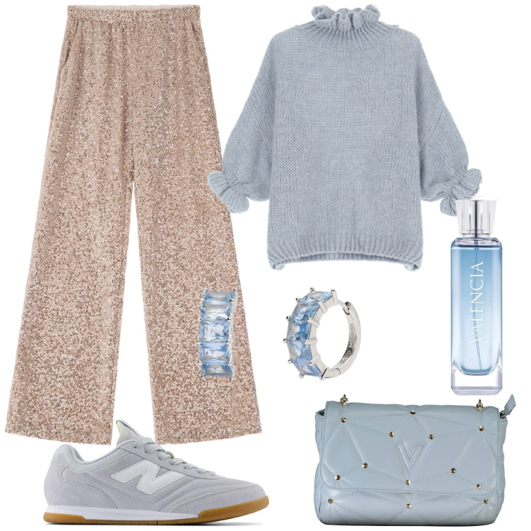 Outfit donna - Feste comfort. Stile Glamour per Serata fuori. Abbinamento con profumi, orecchini, sneakers, maglieria, pantaloni a palazzo, borse a tracolla.