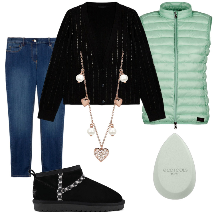 Outfit donna - A cena dai nonni. Stile Casual chic per Serata fuori. Abbinamento con correttori, collane, piumini, stivali, jeans skinny, cardigans.