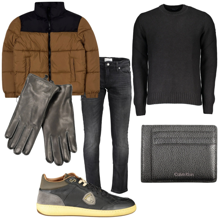 Outfit uomo - Total look #2026861. Stile Trendy per Tutti i giorni. Abbinamento con giacche, maglieria, guanti, sneakers, jeans slim fit, portafogli.